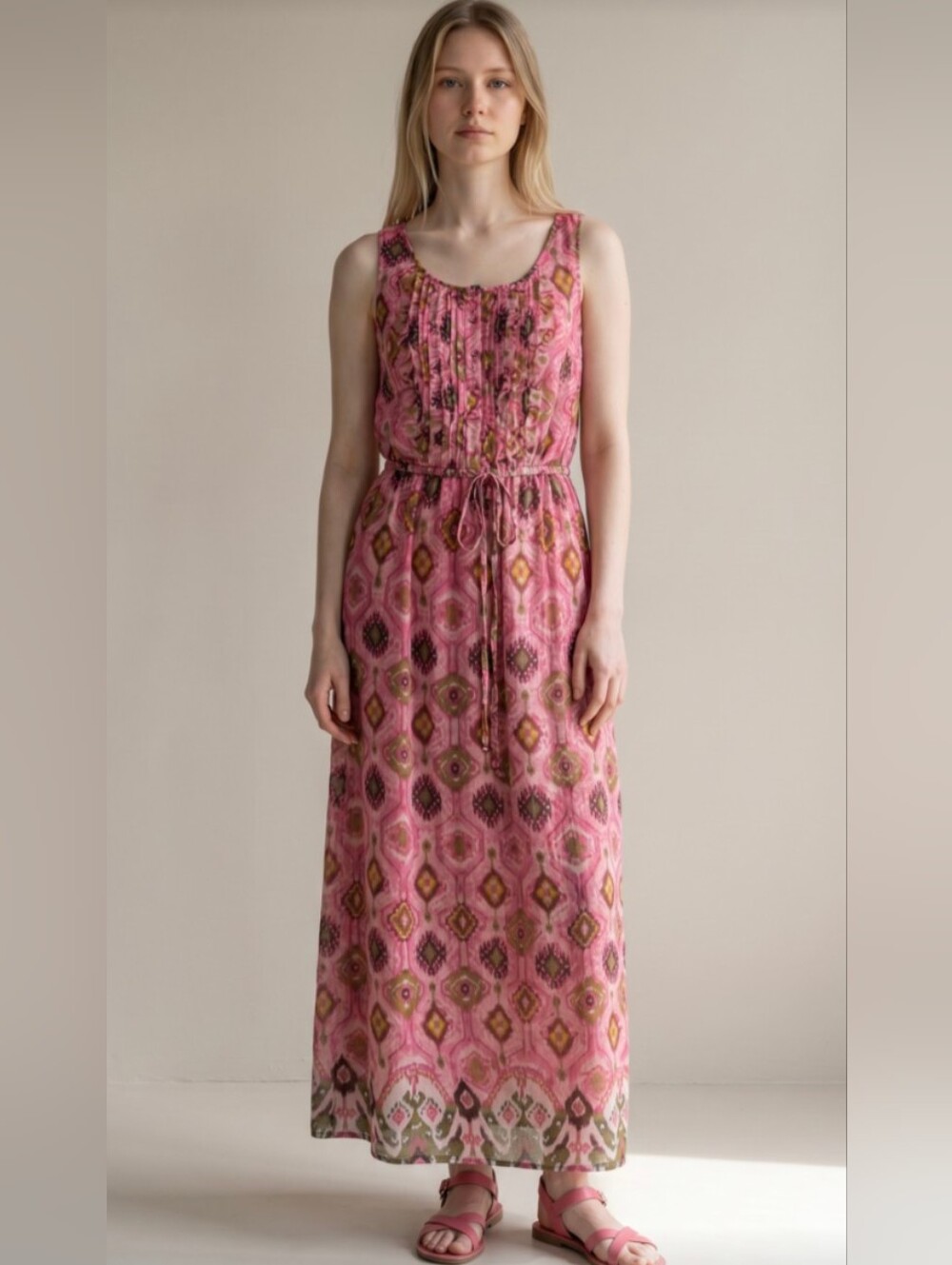 ECI NEW YORK! PINK, RED, GREEN, YELLOW ABSTRACT GEOMETRIC MAXI BELT DRESS! SZ 12